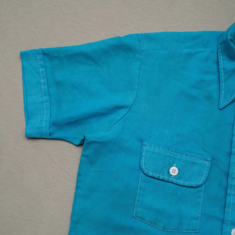 Vintage 70s Mod Button Up Bowling Shirt Dune Buggy Daggar Collar Blue Adult M
